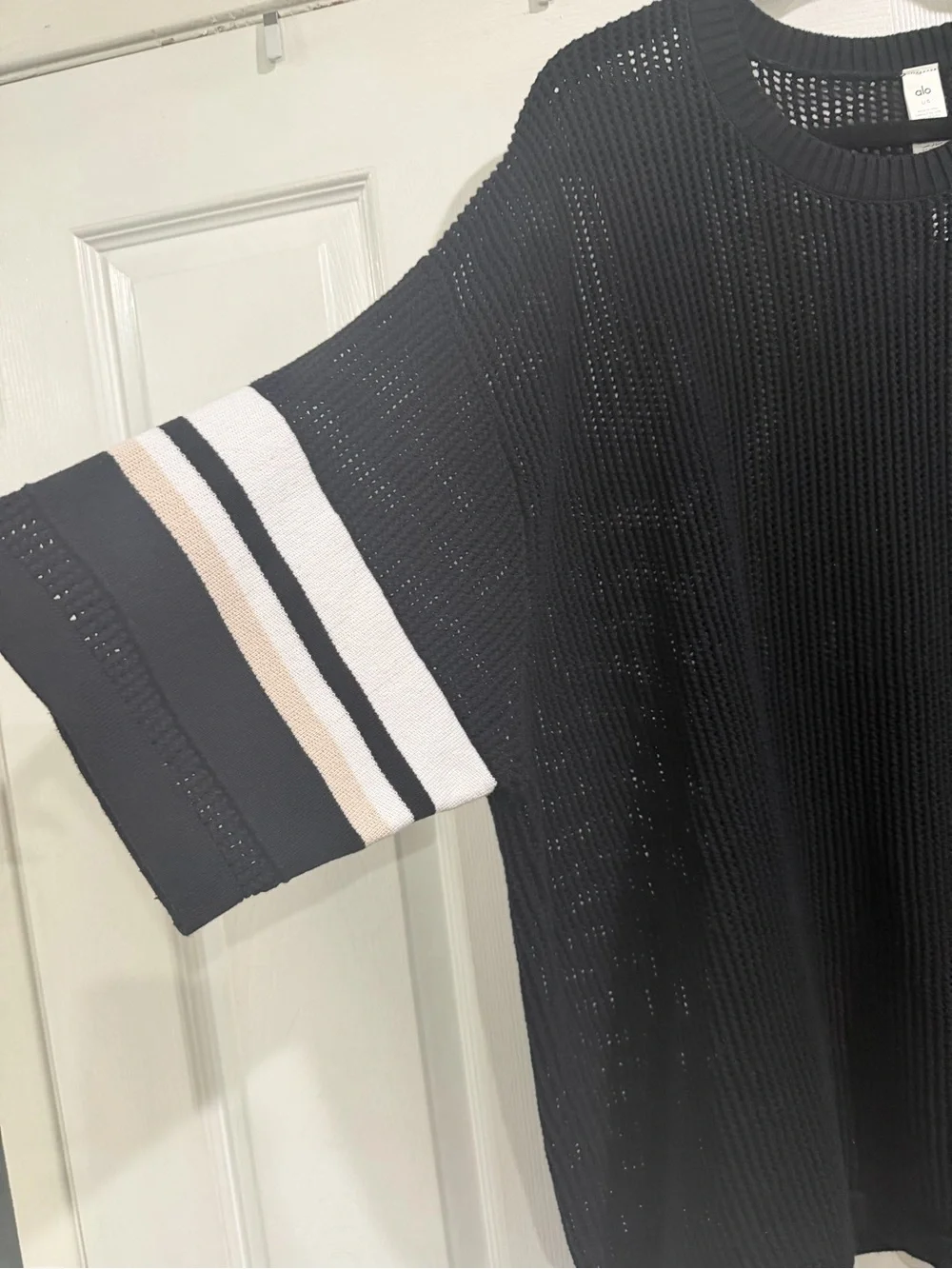 ALO Black Knit Short-Sleeve Sweater with White Stripe Detail